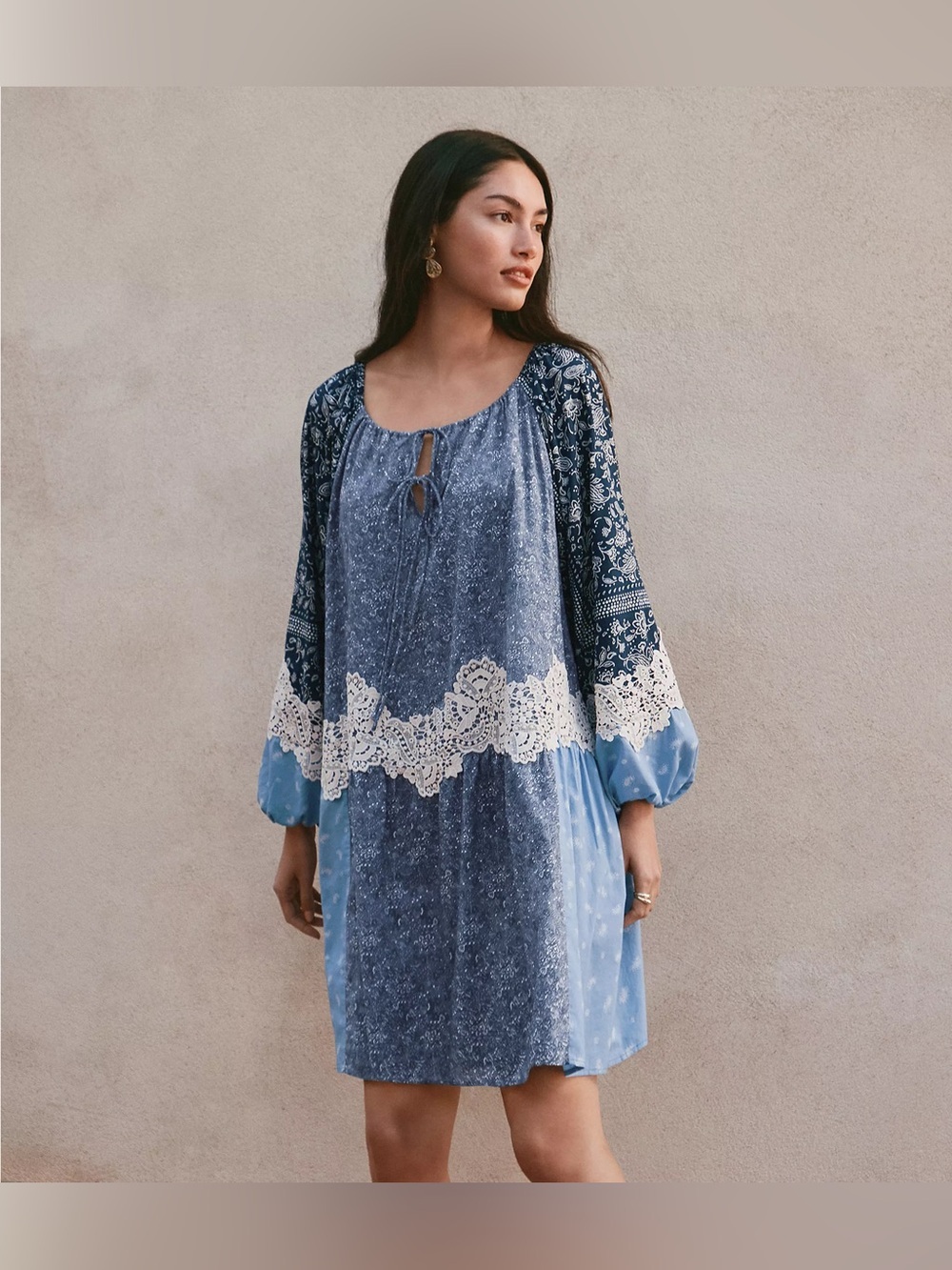 Loft Blue Boho Lace Trim Peasant mini Dress cottage poplin balloon sleeve L cos